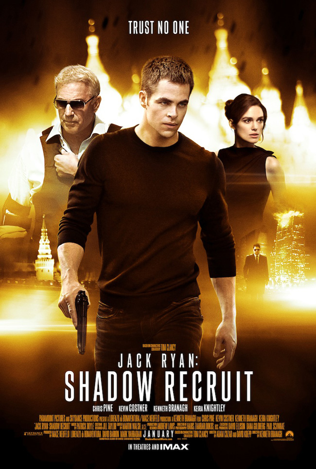 The movie poster for Jack Ryan: Shadow Recruit starring Chris Pine, Kevin Costner and Keira Knightley