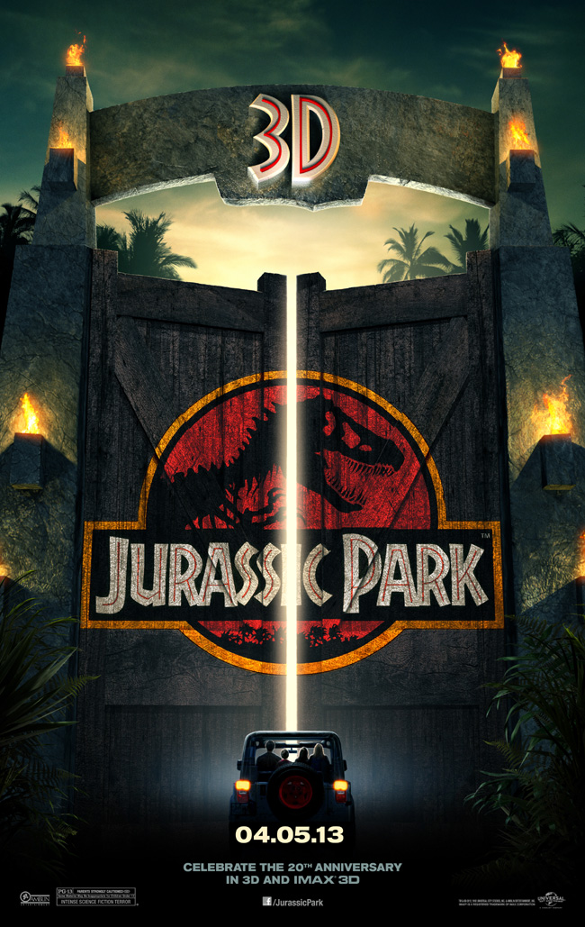 The movie poster for Jurassic Park in 3D from director Steven Spielberg