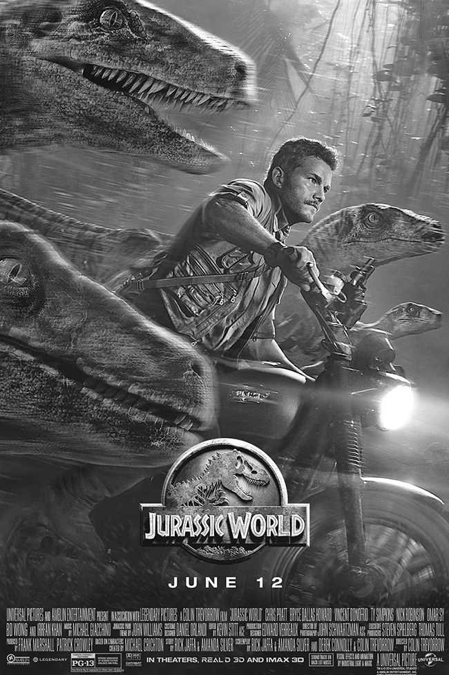 The movie poster for Jurassic World starring Chris Pratt from executive producer Steven Spielberg