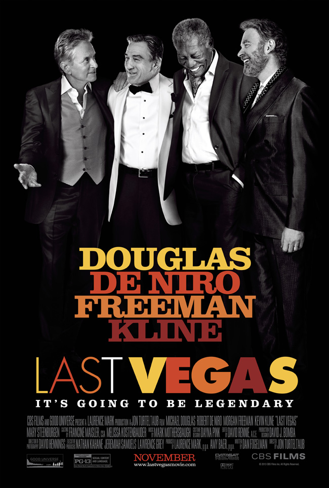 The movie poster for Last Vegas starring Robert De Niro, Michael Douglas, Morgan Freeman and Kevin Kline