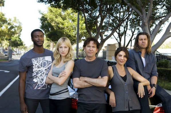 The Leverage team from left to right: Aldis Hodge, Beth Riesgraf, Timothy Hutton, Gina Bellman and Christian Kane