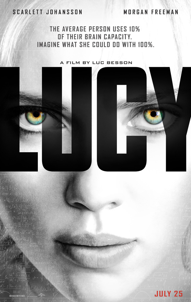 The movie poster for Lucy starring Scarlett Johansson and Morgan Freeman