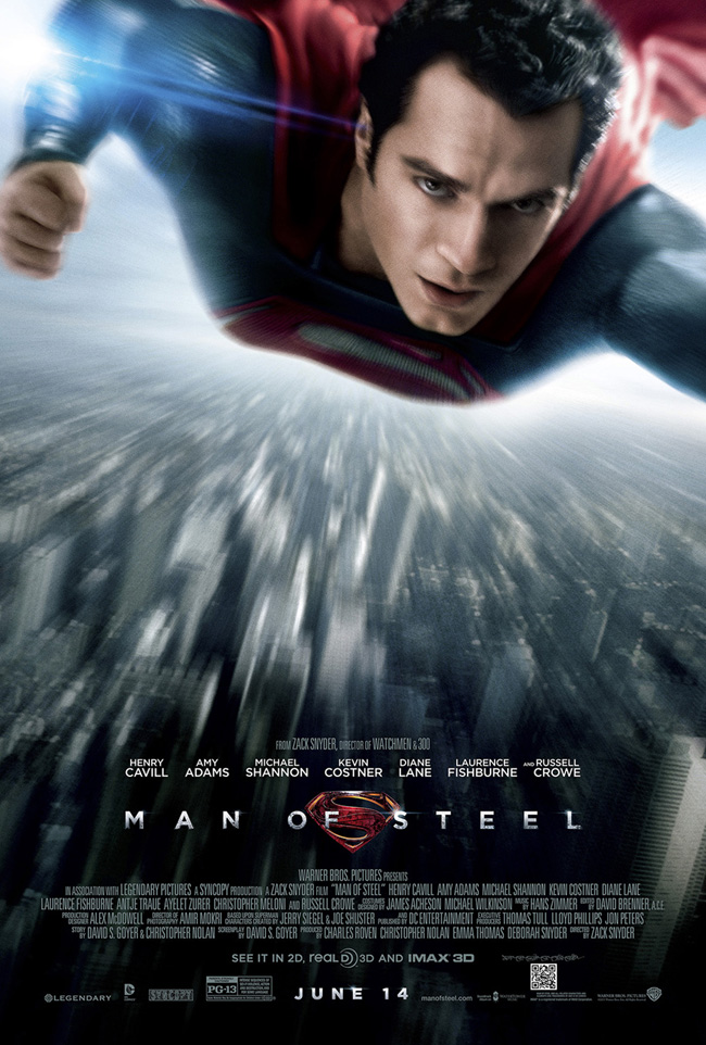 The movie poster for Man of Steel starring Henry Cavill from 300 director Zack Snyder