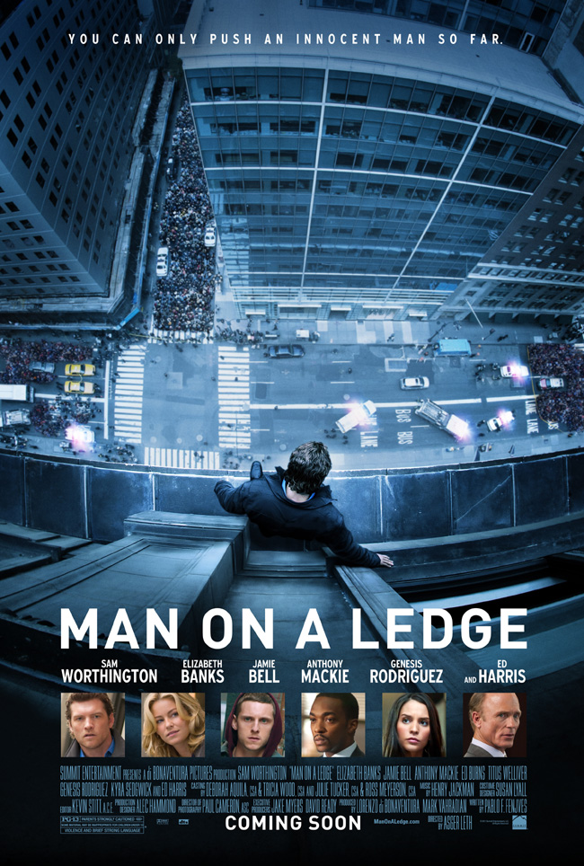 The movie poster for Man on a Ledge with Sam Worthington and Elizabeth Banks
