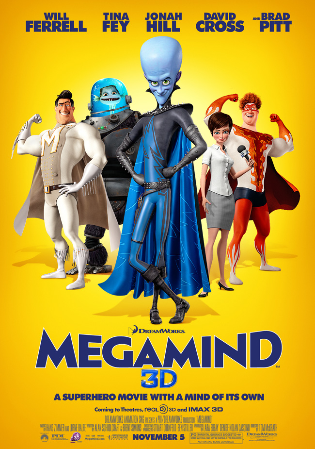 The movie poster for Megamind with Will Ferrell, Brad Pitt and Tina Fey