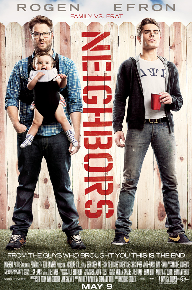 The movie poster for Neighbors starring Seth Rogen, Zac Efron and Rose Byrne
