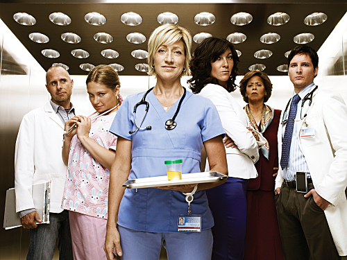 Paul Schulze as Eddie, Merritt Wever as Zoey, Edie Falco as Jackie Peyton, Eve Best as Dr. O'Hara, Anna Deavere Smith as Mrs. Akalitus, and Peter Facinelli as Dr. Cooper in Nurse Jackie (Season 2)