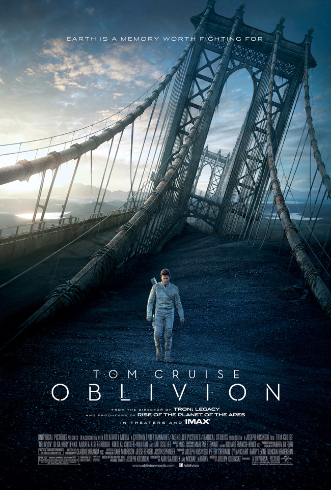 The movie poster for Oblivion starring Tom Cruise and Morgan Freeman