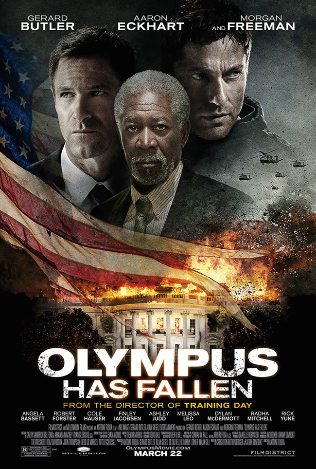 The movie poster for Olympus Has Fallen starring Morgan Freeman, Aaron Eckhart and Gerard Butler