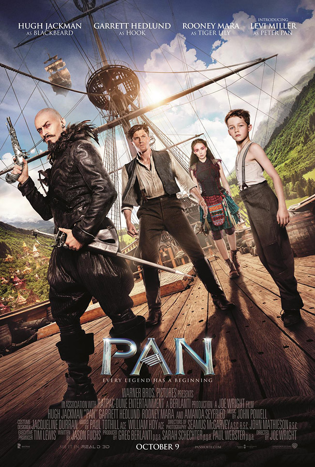 The movie poster for Pan starring Levi Miller and Hugh Jackman