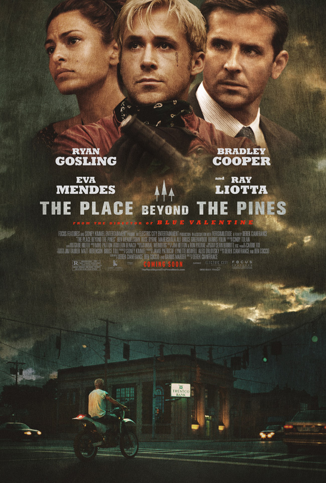 The movie poster for The Place Beyond the Pines with Ryan Gosling and Bradley Cooper