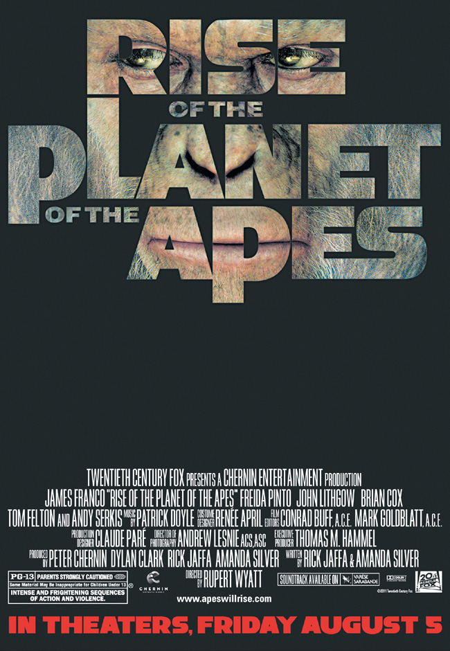 The movie poster for Rise of the Planet of the Apes with James Franco