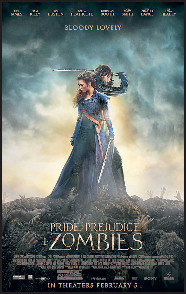 The movie poster for Pride and Prejudice and Zombies starring Lily James based on the novel by Jane Austen
