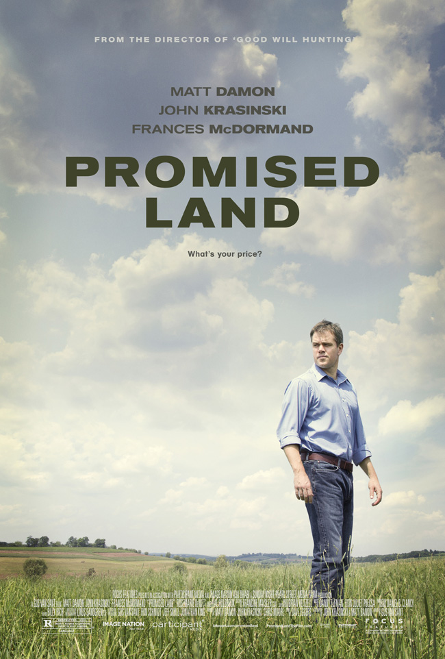 The movie poster for Promised Land starring Matt Damon, Frances McDormand and John Krasinski