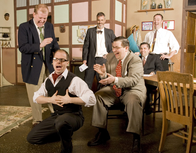 Eric Roach as Max Prince, Mackenzie Kyle as Carol Wyman and Noah Simon (seated) as Milt Fields in Laughter on the 23rd Floor at the Raven Theatre through July 26, 2008