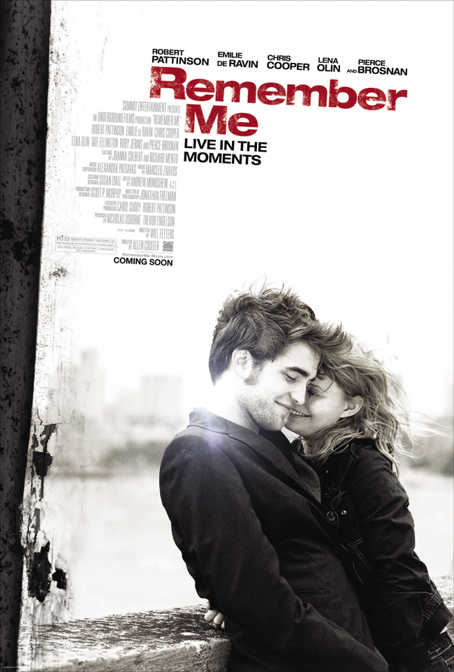 The movie poster for Remember Me with Robert Pattinson and Emilie de Ravin