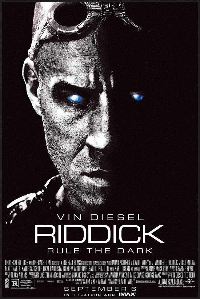 The movie poster for Riddick starring Vin Diesel, Karl Urban and Katee Sackhoff