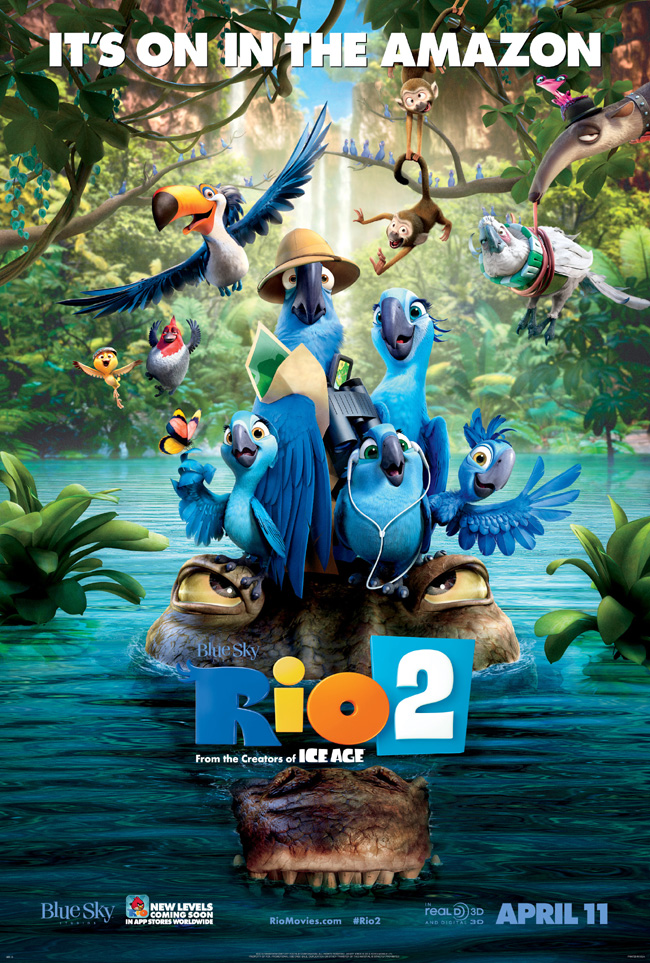 The movie poster for Rio 2 with Jesse Eisenberg and Anne Hathaway