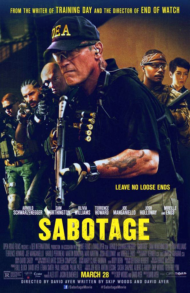 The movie poster for Sabotage with Arnold Schwarzenegger, Sam Worthington and Terrence Howard