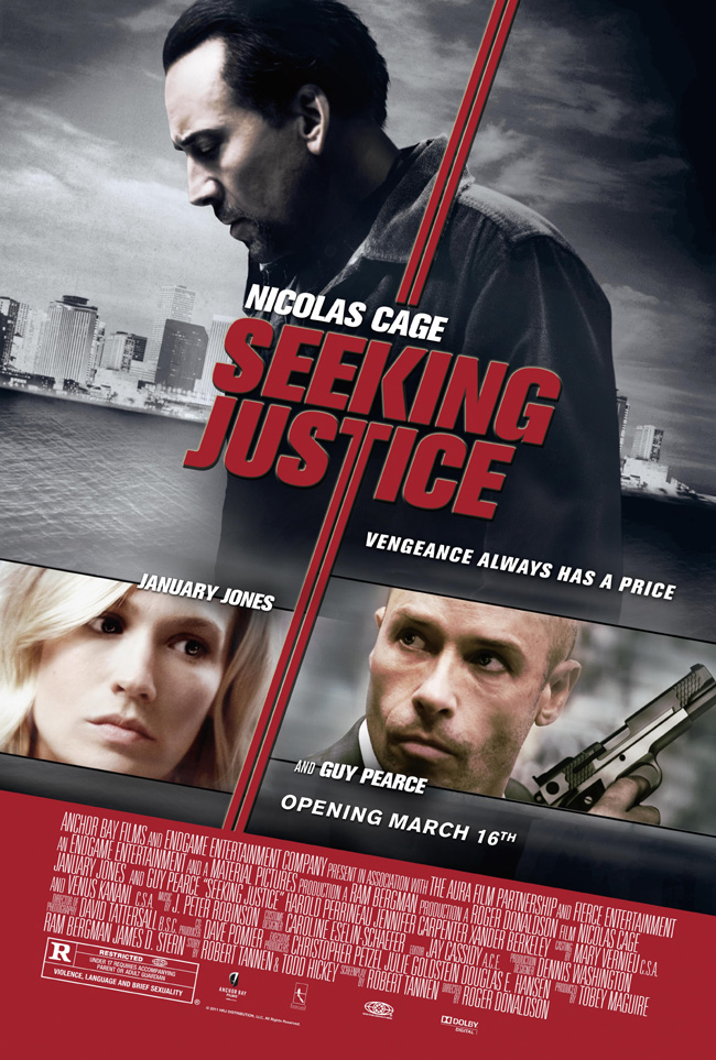 The movie poster for Seeking Justice starring Nicolas Cage, January Jones and Guy Pearce