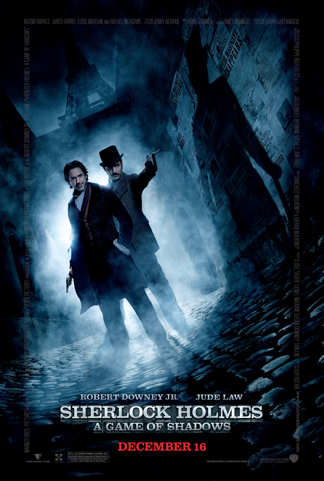 The movie poster for Sherlock Holmes: A Game of Shadows with Robert Downey Jr. and Jude Law