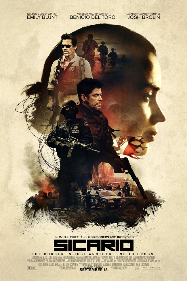 The movie poster for Sicario starring Emily Blunt and Benicio Del Toro
