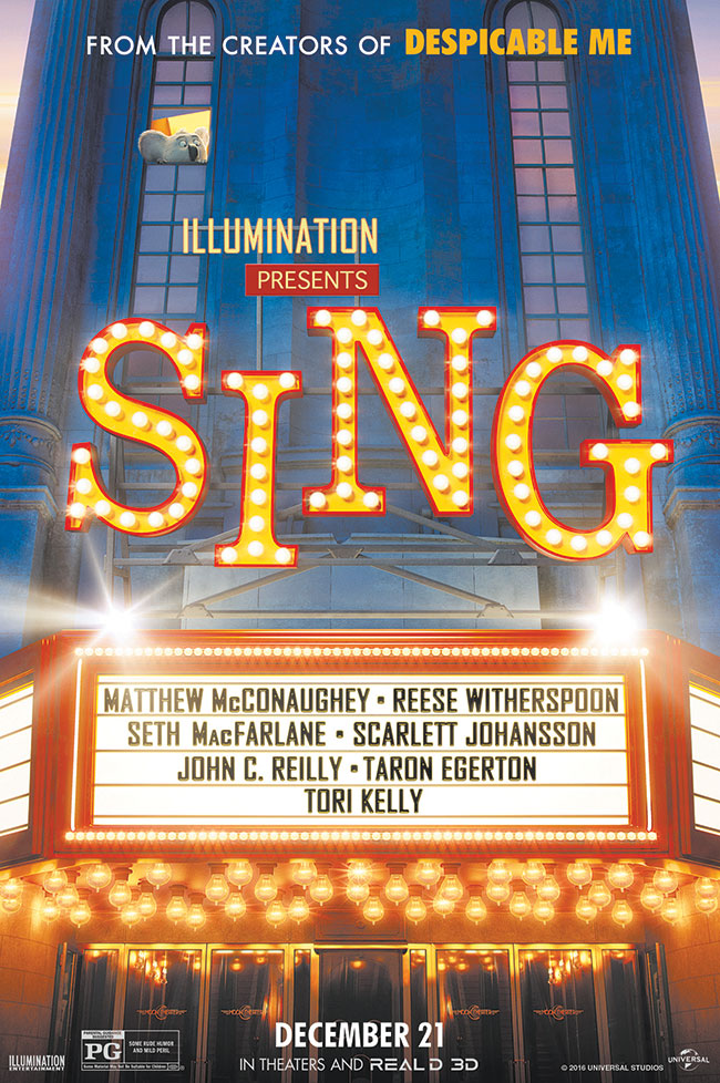 The movie poster for Sing starring Matthew McConaughey and Seth MacFarlane