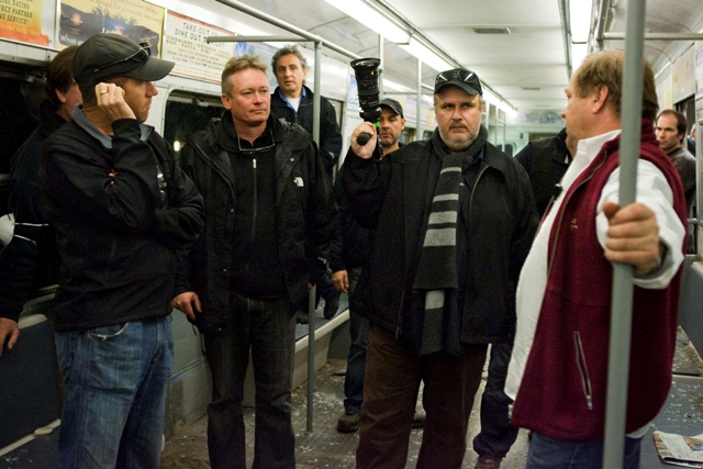 DP Simon Dugan (center left) and director Alex Proyas (center right) on the set of Knowing, a Summit Entertainment release.