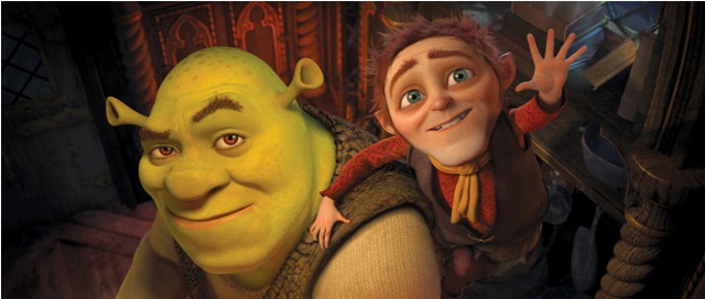 Shrek (Mike Myers) and His New Nemesis, Rumplestiltskin (Walt Dohrn).