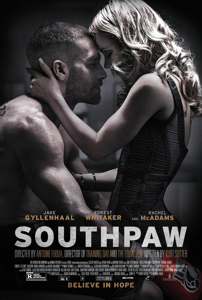 The movie poster for Southpaw with Jake Gyllenhaal and Rachel McAdams