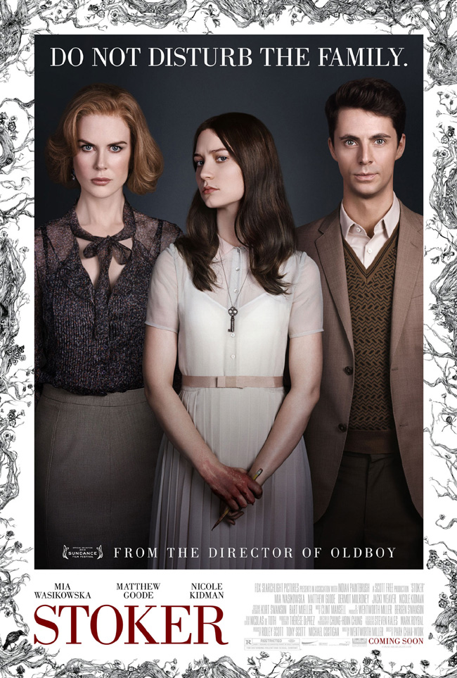 The movie poster for Stoker starring Nicole Kidman and Mia Wasikowska