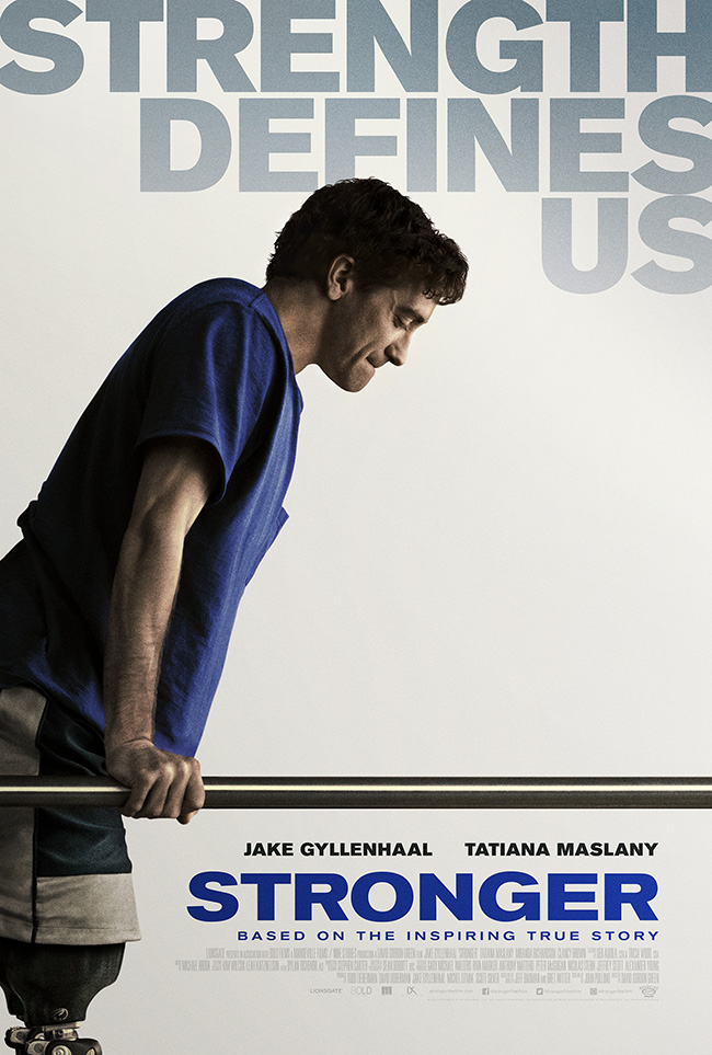 The movie poster for Stronger starring Jake Gyllenhaal and Tatiana Maslany