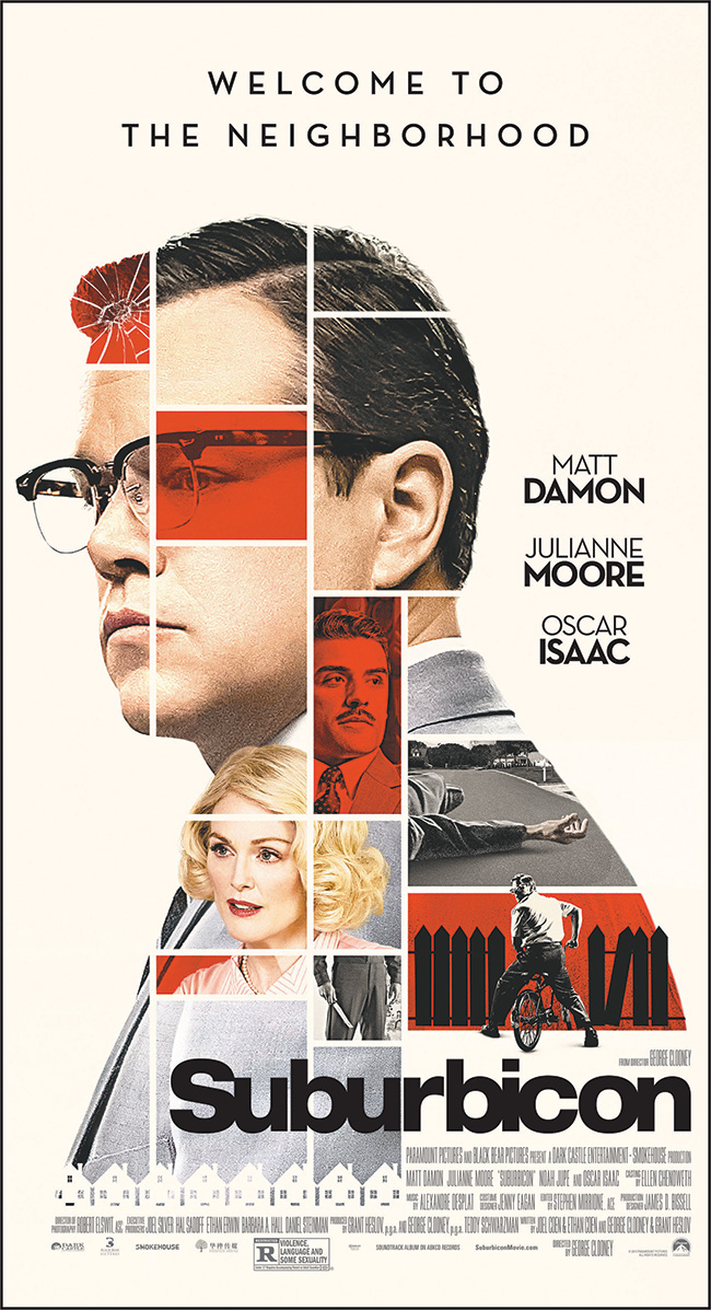 The movie poster for Suburbicon starring Matt Damon and Julianne Moore