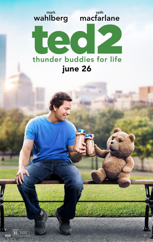 The movie poster for Ted 2 starring Mark Wahlberg, Seth MacFarlane and Amanda Seyfried