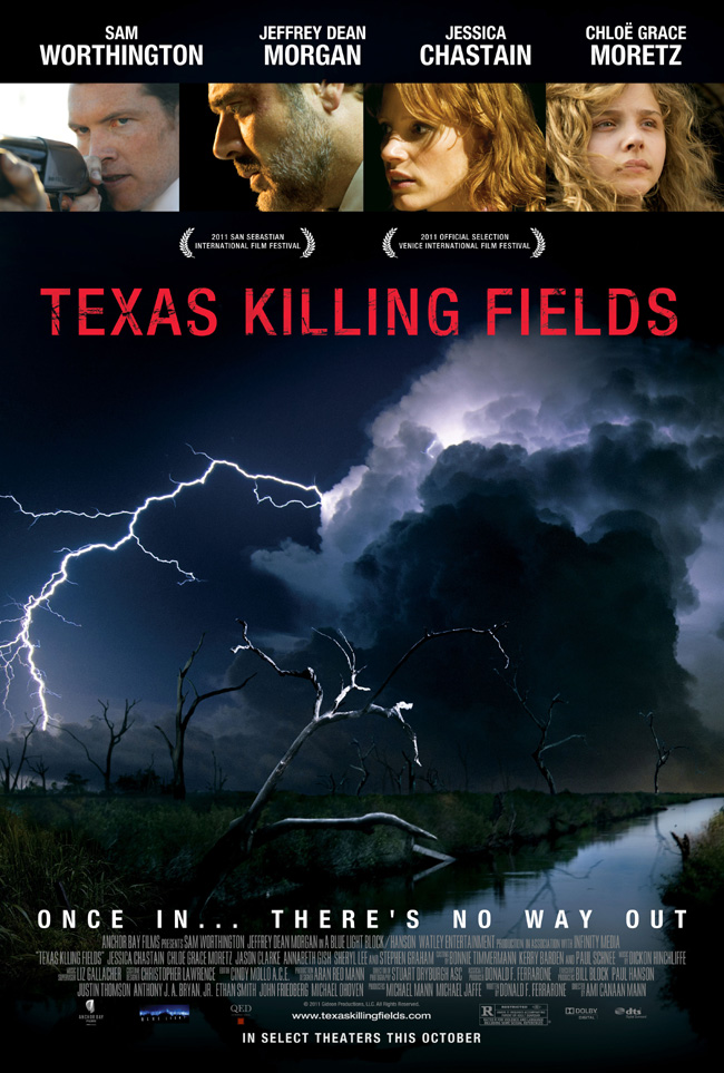 The movie poster for Texas Killing Fields with Sam Worthington, Jeffrey Dean Morgan and Chloe Grace Moretz