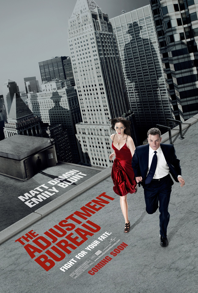 The movie poster for The Adjustment Bureau with Matt Damon and Emily Blunt