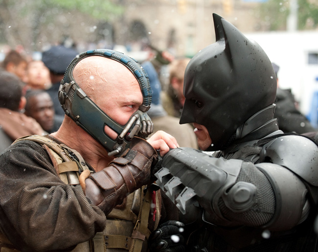 Tom Hardy as Bane (left) and Christian Bale as Bruce Wayne/Batman in The Dark Knight Rises