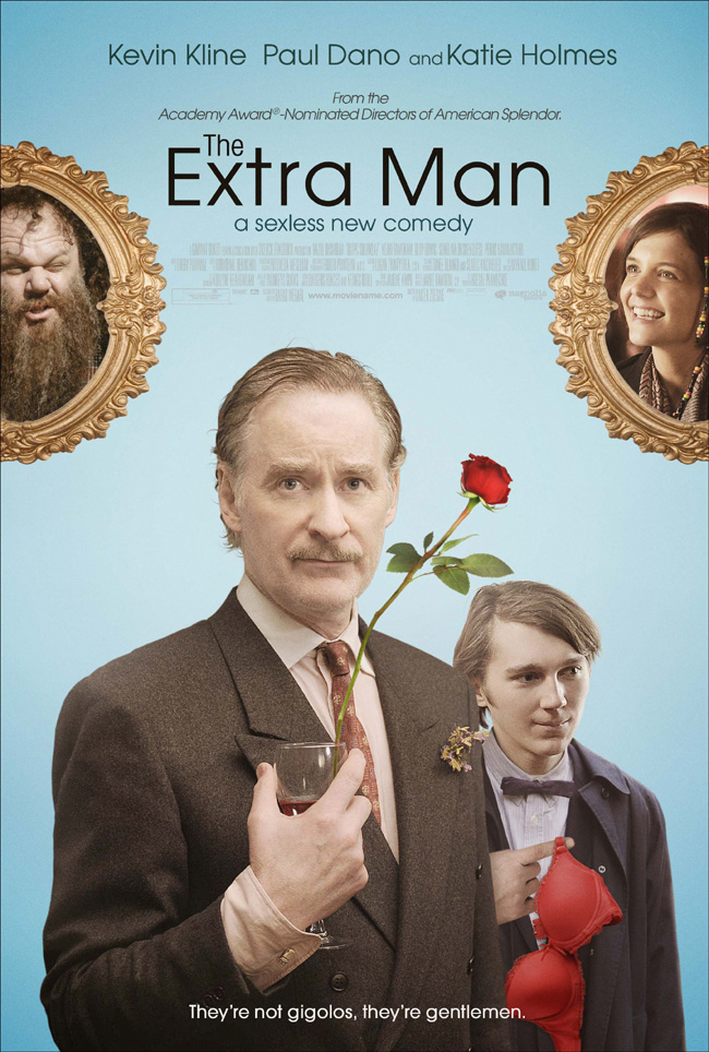 The movie poster for The Extra Man with Kevin Kline, Paul Dano, Katie Holmes and John C. Reilly