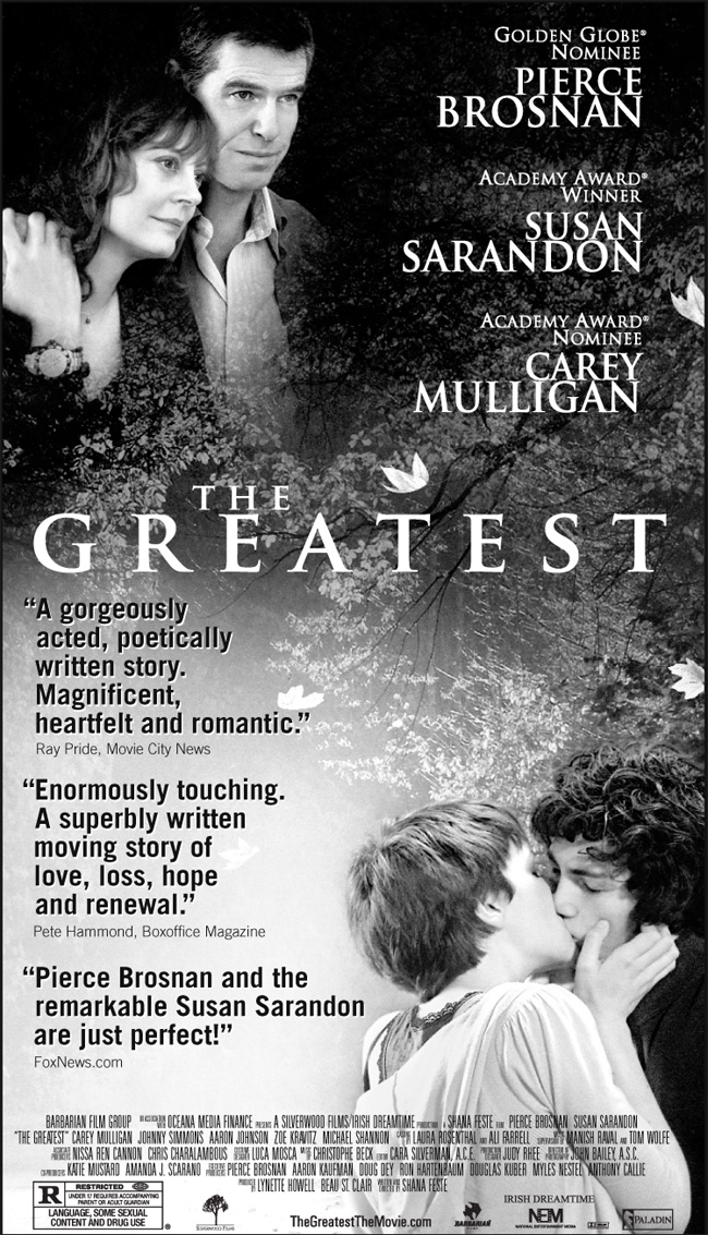 The movie poster for The Greatest with Pierce Brosnan and Susan Sarandon