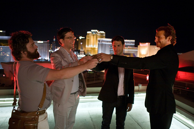 Left to right: Alan (Zach Galifianakis), Stu (Ed Helms), Doug (Justin Bartha) and Phil (Bradley Cooper) in The Hangover