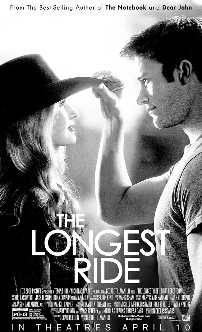 The movie poster for The Longest Ride starring Scott Eastwood, Britt Robertson, Alan Alda and Oona Chaplin
