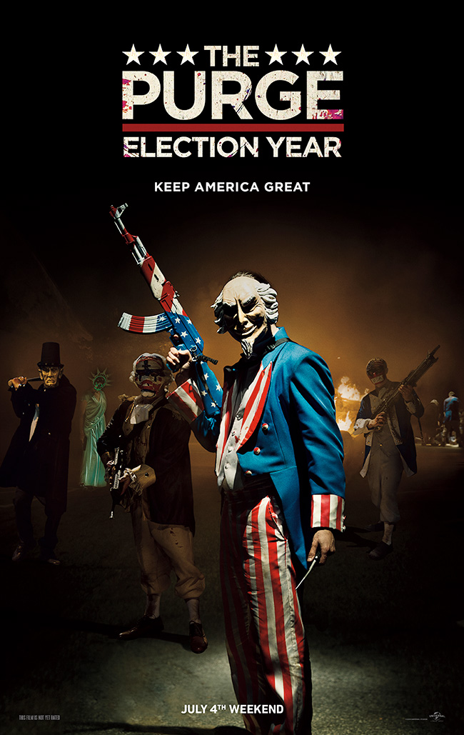 The movie poster for The Purge: Election Year starring Frank Grillo and Elizabeth Mitchell