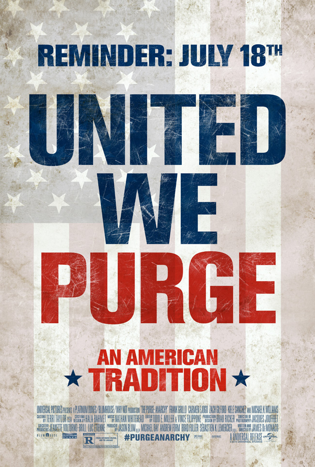 The movie poster for The Purge: Anarchy starring Frank Grillo and Carmen Ejogo