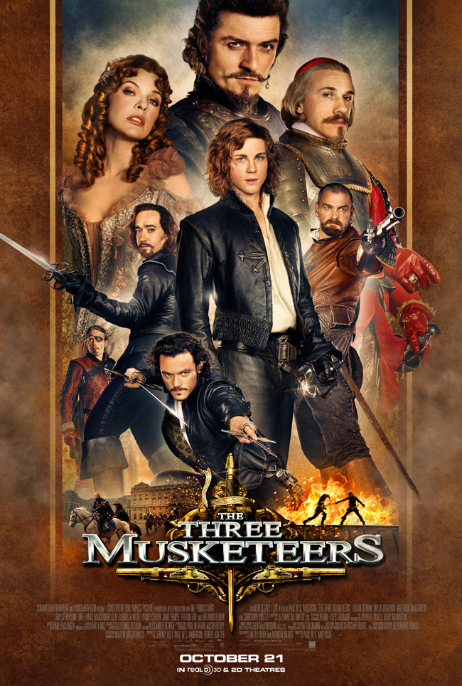 The movie poster for The Three Musketeers with Milla Jovovich and Orlando Bloom