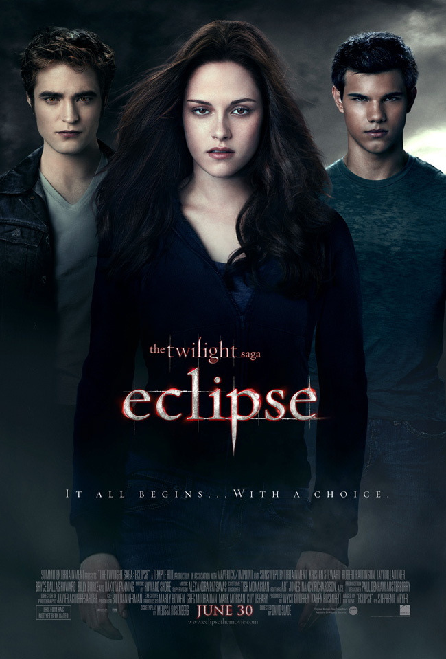 The movie poster for The Twilight Saga: Eclipse with Robert Pattinson and Kristen Stewart