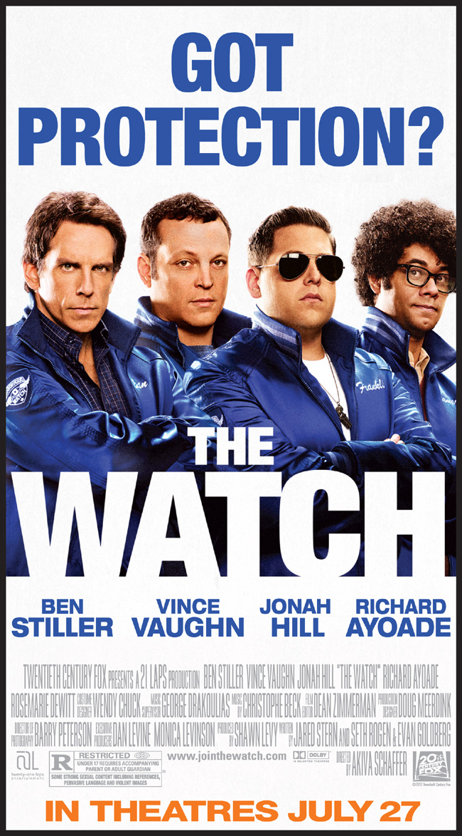 The Watch movie poster with Ben Stiller and Vince Vaughn from writer Seth Rogen