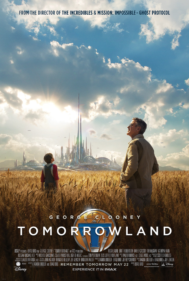 The movie poster for Tomorrowland starring George Clooney, Hugh Laurie, Kathryn Hahn and Judy Greer