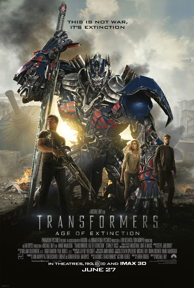 The movie poster for Transformers: Age of Extinction starring Mark Wahlberg and Nicola Peltz