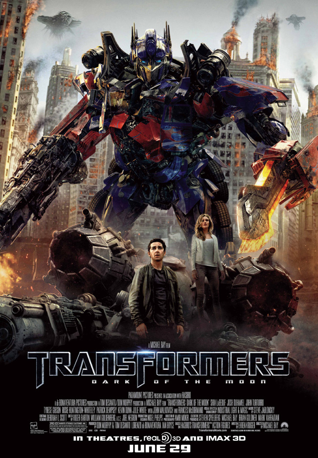 The movie poster for Transformers: Dark of the Moon with Shia LaBeouf and Rosie Huntington-Whiteley