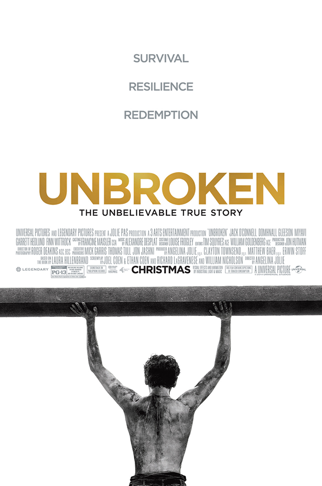 The movie poster for Unbroken from director Angelina Jolie and writers Joel and Ethan Coen